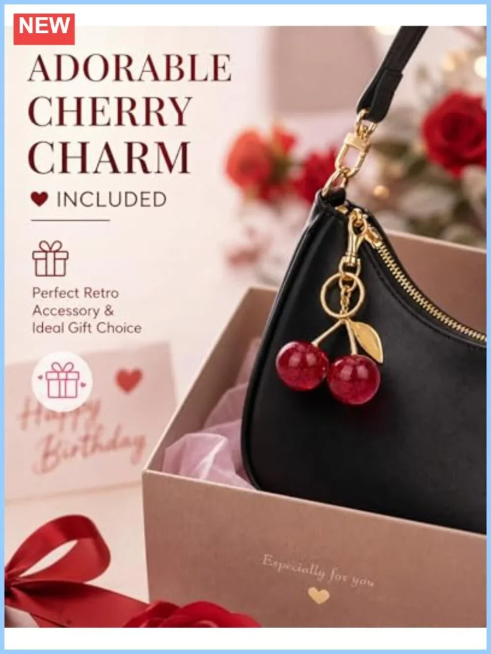 PU Leather Hobo Shoulder Bag with Strap Cherry Charm Women Handbag